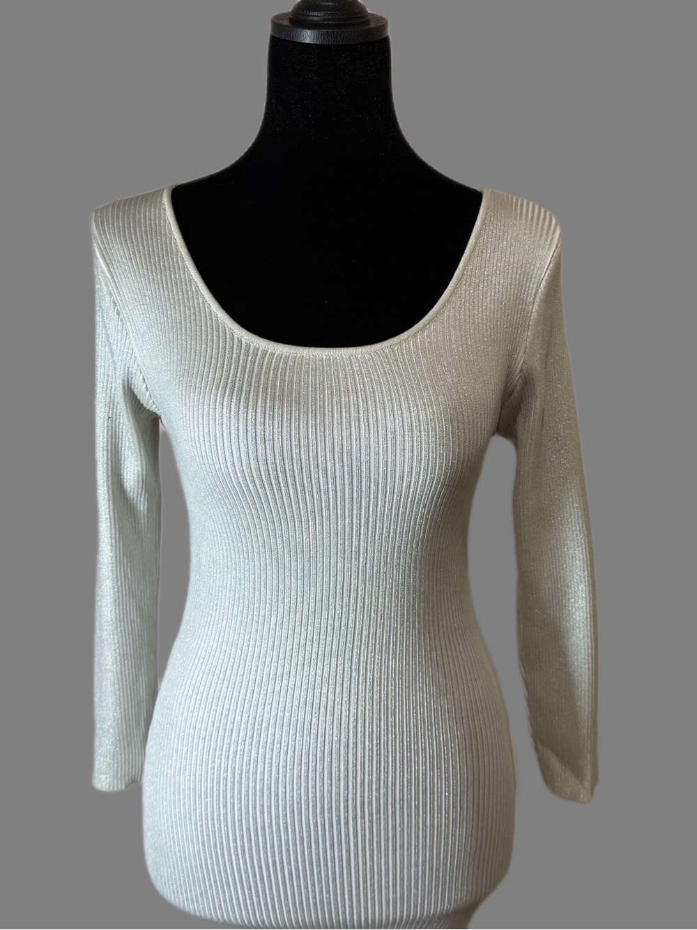 Ziegler Silver Ribbed Knit Shimmer Midi Dress Long Sleeve Bodycon S - Picture 3 of 8